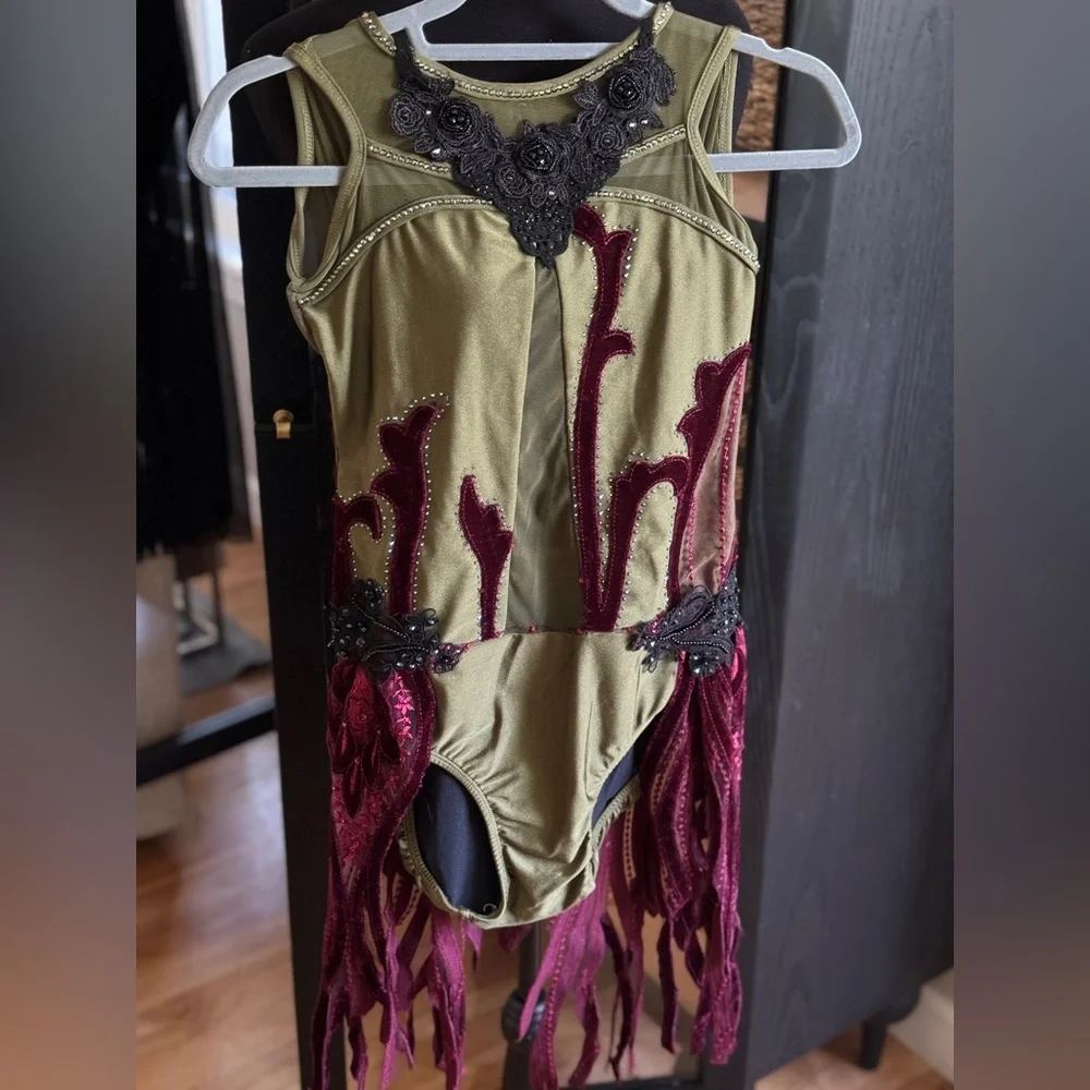 🫒Custom Patrick J Olive Green & Burgundy Dance Costume with Unique Fringe Skirt